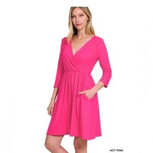 Zenana Buttery Soft Pink Wrap Dress with Pockets